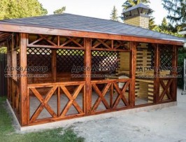 Беседка с барбекю красная, открытая. 4х гранная